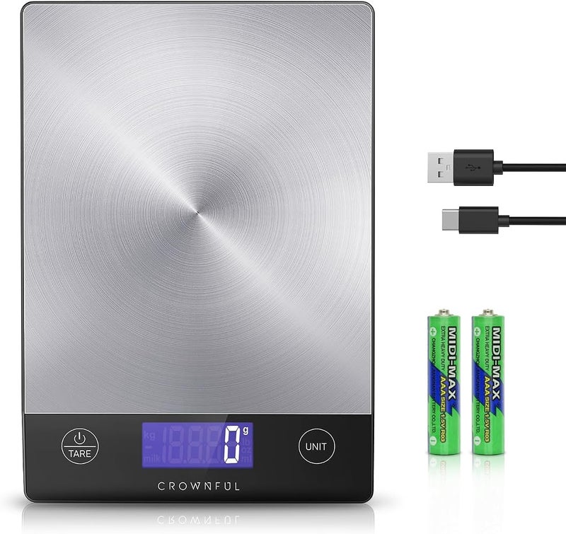 CROWNFUL 15Kg Food Scale, Rechargeable 304 Stainless Steel Digital Kitchen Scale Grams and Ounces with LCD Display and Type-C Charging for Baking and Cooking - Image 1