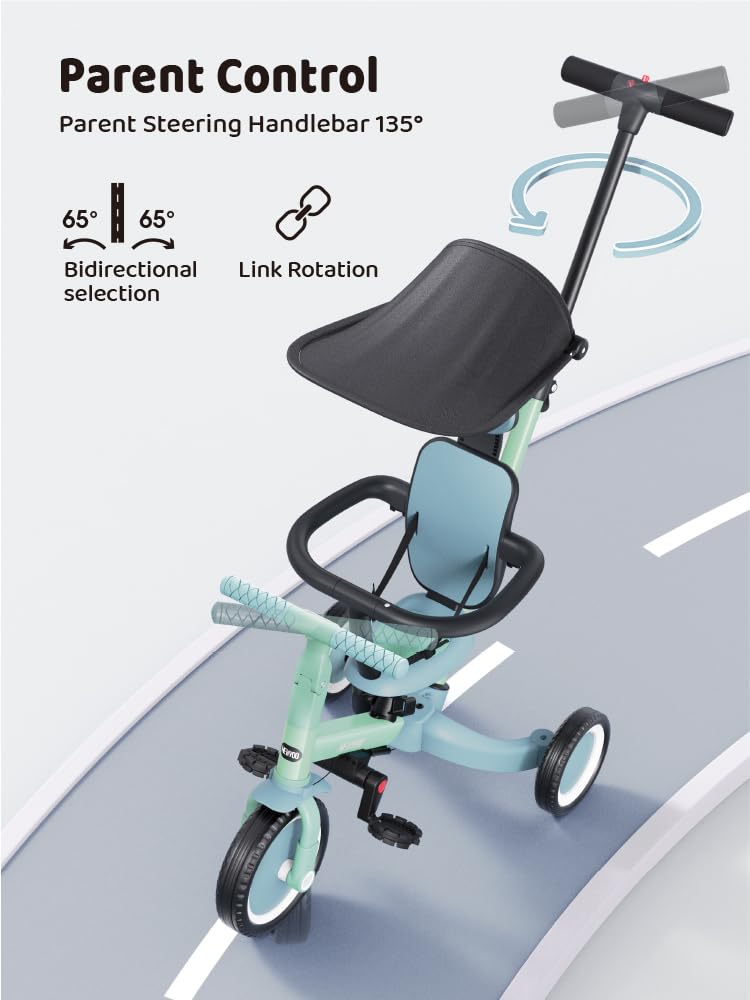 newyoo Toddler Bike, Tricycle for Toddlers 1-3, Toddler Tricycle with Push Handle and Canopy, Birthday Gift and Toys for Girl and Boy, 6 in 1 Baby Trike, Balance Bike, TR009, Green - Image 3