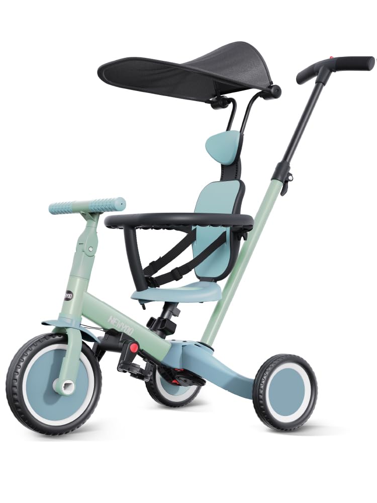 newyoo Toddler Bike, Tricycle for Toddlers 1-3, Toddler Tricycle with Push Handle and Canopy, Birthday Gift and Toys for Girl and Boy, 6 in 1 Baby Trike, Balance Bike, TR009, Green - Image 1