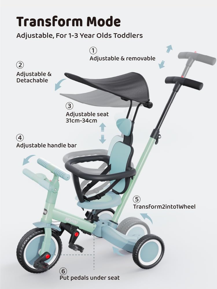 newyoo Toddler Bike, Tricycle for Toddlers 1-3, Toddler Tricycle with Push Handle and Canopy, Birthday Gift and Toys for Girl and Boy, 6 in 1 Baby Trike, Balance Bike, TR009, Green - Image 5