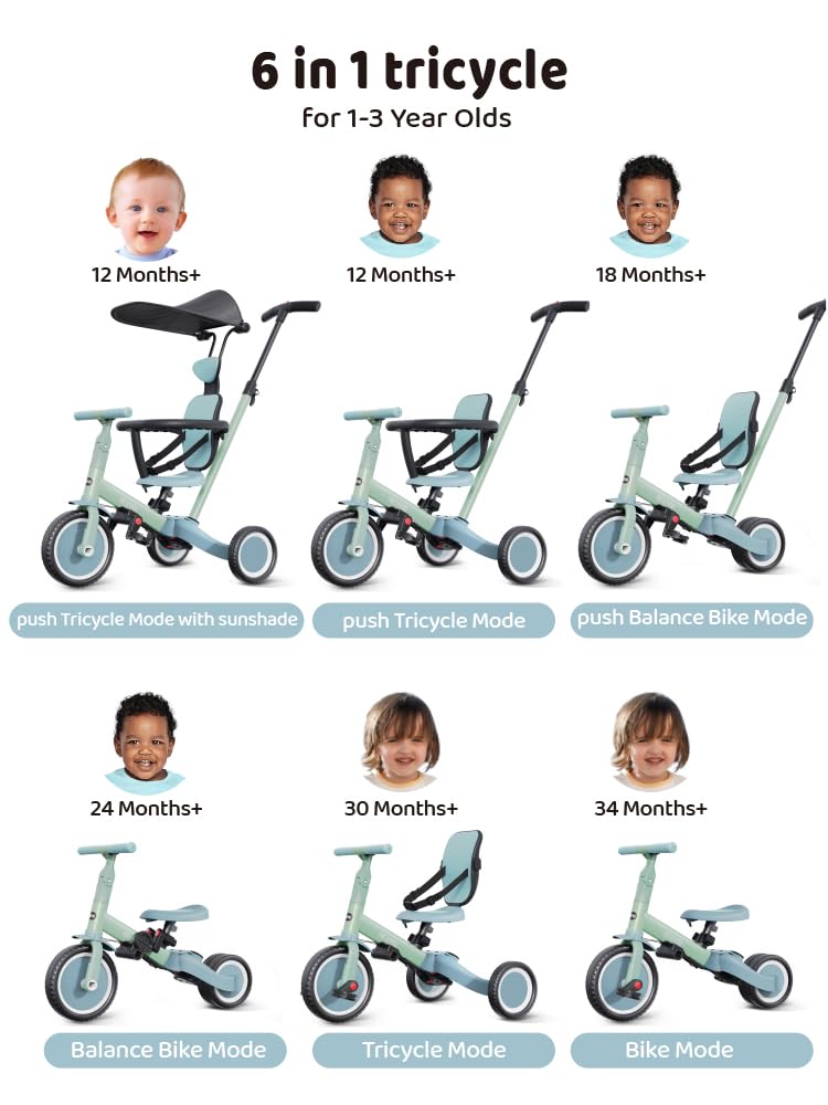 newyoo Toddler Bike, Tricycle for Toddlers 1-3, Toddler Tricycle with Push Handle and Canopy, Birthday Gift and Toys for Girl and Boy, 6 in 1 Baby Trike, Balance Bike, TR009, Green - Image 2