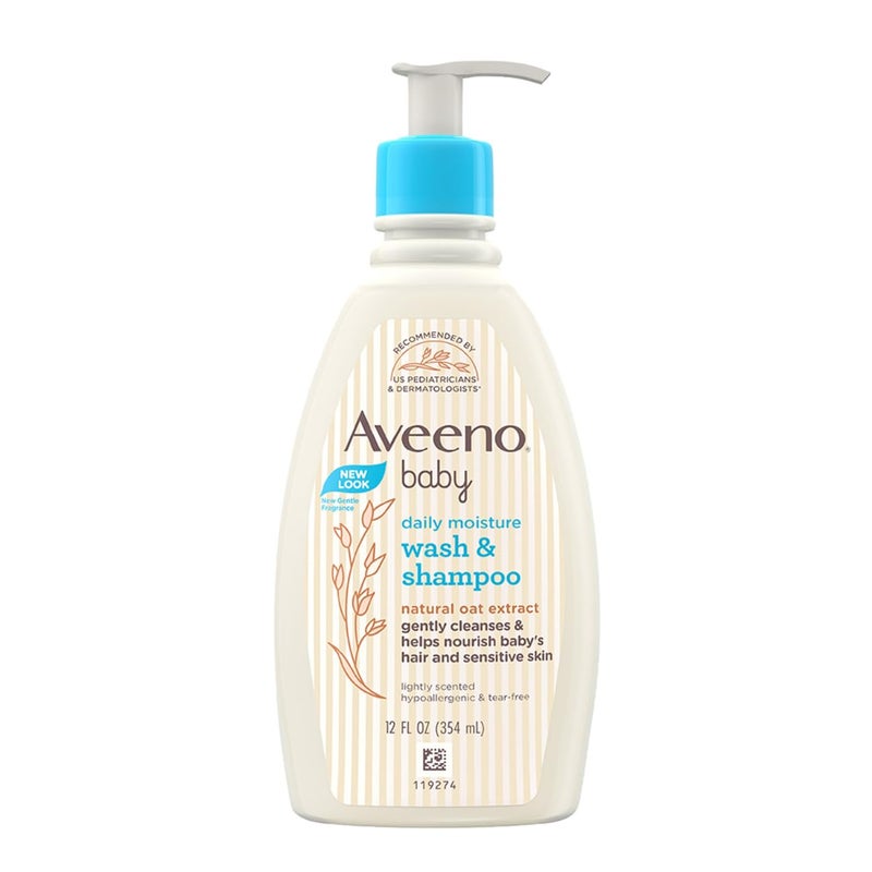 Aveeno Baby Daily Moisture Wash and Shampoo (354ml) | Cleanses hair & body | Oat kernel extract & glycerin | Tear-free, soap-free, paraben-free, hypoallergenic | US #1 Pediatrician recommended - Image 2