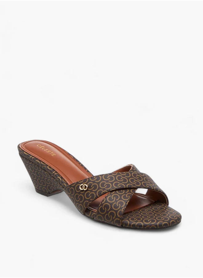 سيليست Women's Monogram Cross-Strap Sandals with Block Heels