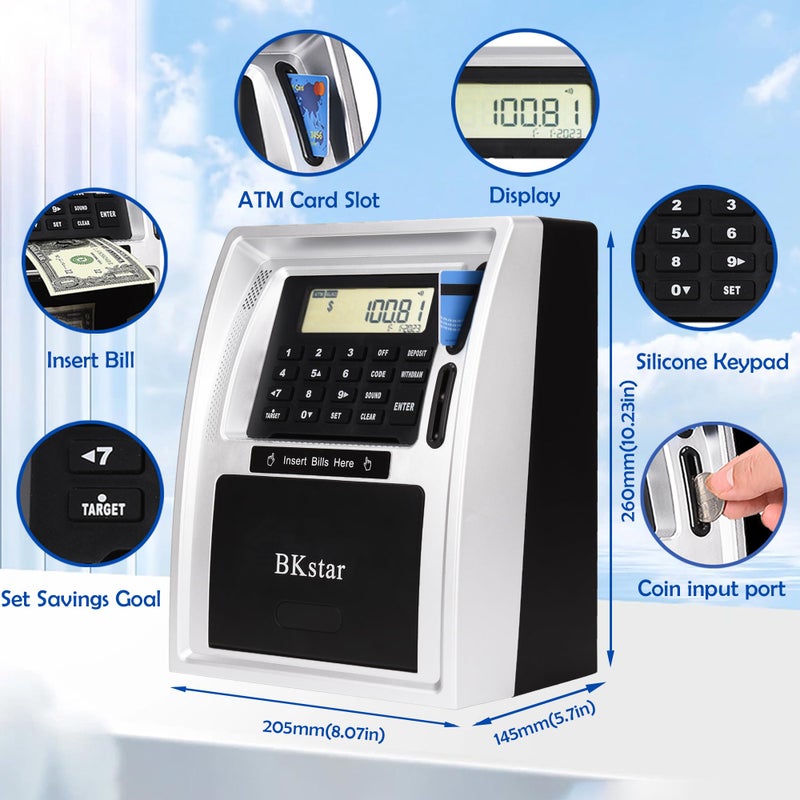 BKSTAR بنك ادخار الأطفال المتحدث BKstar مع بطاقتي خصم حقيقيتين، ذاكرة إيقاف التشغيل، درج يفتح تلقائيًا، إيقاف تشغيل بضغطة واحدة، مغذي للفواتير، التعرف على العملات، آلة حساب الرصيد - Image 3