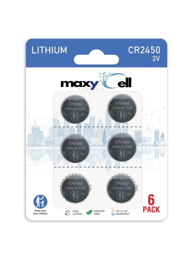 MaxyCell 2450 CR2450 Lithium Coin Cell Battery 3V High-Capacity Long-Lasting Reliable Power for Watches, Key Fobs, Fitness Trackers, Medical Devices, Thermometers, Leak-Proof Design DL2450 (6 Pack) - Image 1