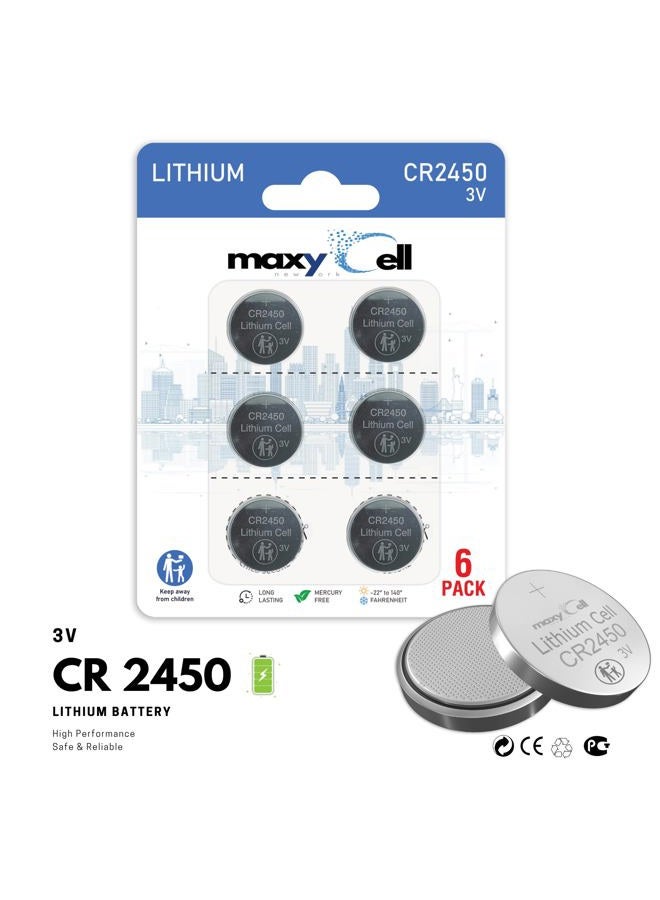 MaxyCell 2450 CR2450 Lithium Coin Cell Battery 3V High-Capacity Long-Lasting Reliable Power for Watches, Key Fobs, Fitness Trackers, Medical Devices, Thermometers, Leak-Proof Design DL2450 (6 Pack) - Image 2