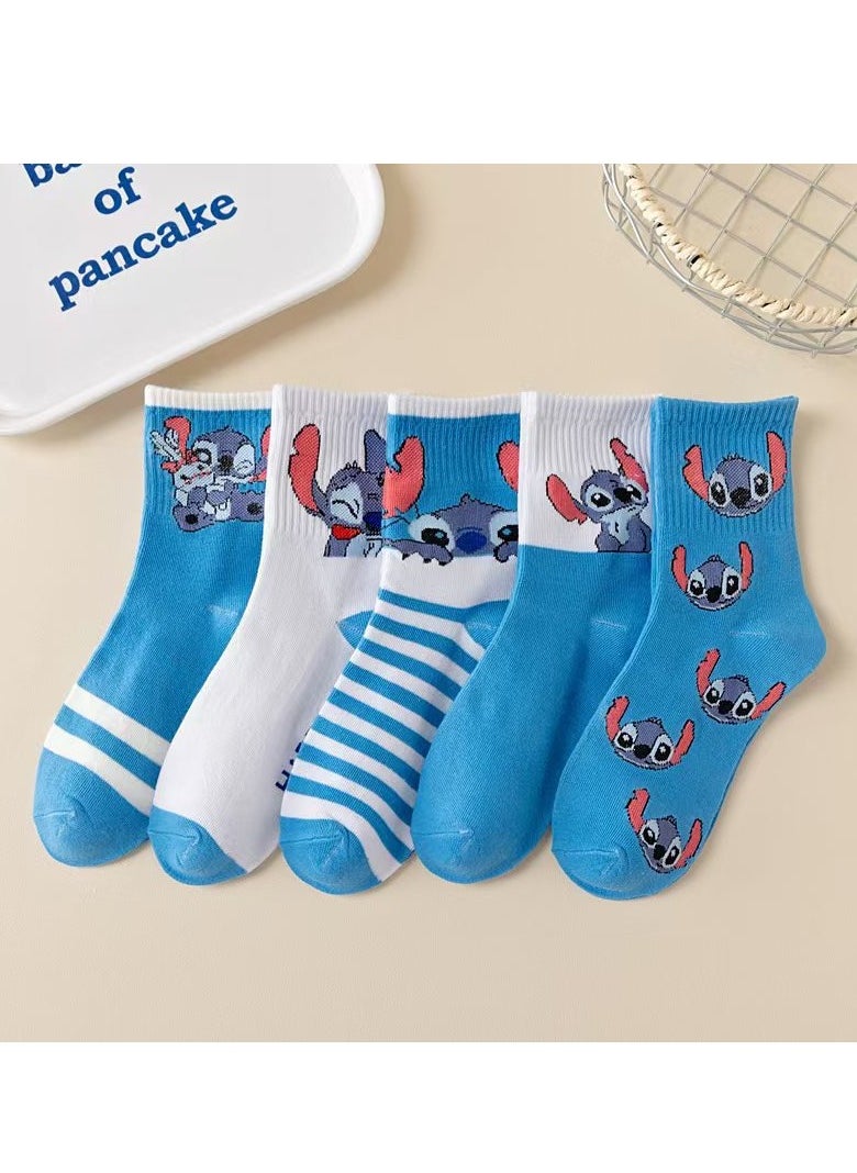 STITCH - 5 pairs of Stitch mid-calf socks for women, socks for women, cute cartoon anime mid-calf socks - Image 1