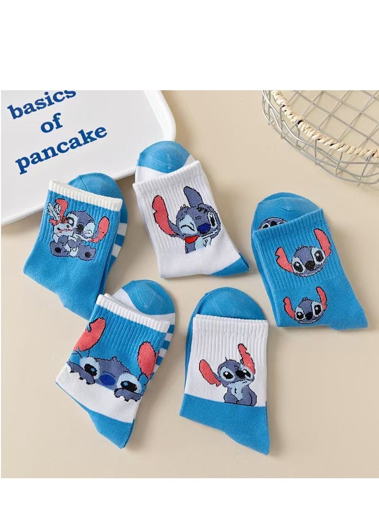 STITCH - 5 pairs of Stitch mid-calf socks for women, socks for women, cute cartoon anime mid-calf socks - Image 1