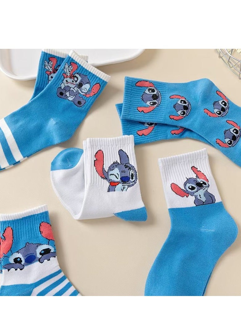 STITCH - 5 pairs of Stitch mid-calf socks for women, socks for women, cute cartoon anime mid-calf socks - Image 1