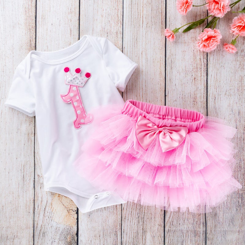 Baby Holiday Children'S Clothing 0-1-2 Years Old Baby White Short-Sleeved Cotton Shirt Skirt Set - Image 4