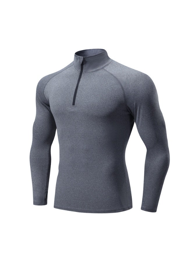 Men's Marathon Running Training T-Shirts Long Full Sleeve Quick-Dry Sports Thumb Holes Tight Tops Tees Sweatshirt Half zipper - Image 1
