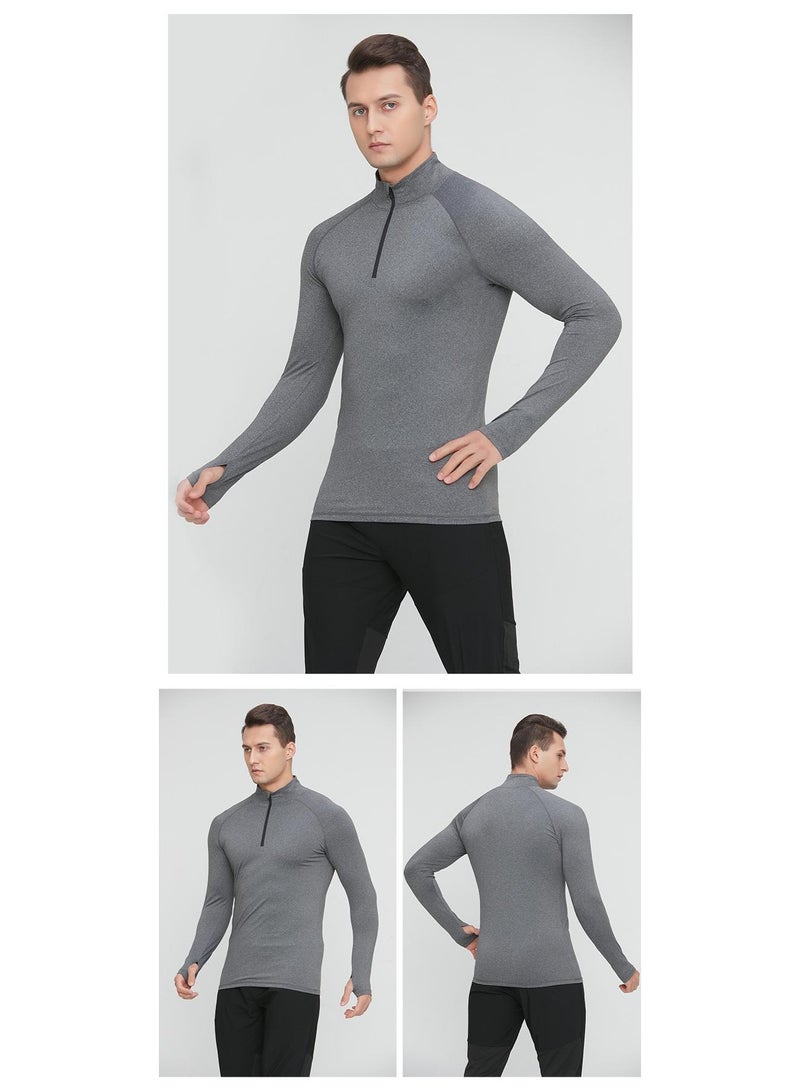 Men's Marathon Running Training T-Shirts Long Full Sleeve Quick-Dry Sports Thumb Holes Tight Tops Tees Sweatshirt Half zipper - Image 2
