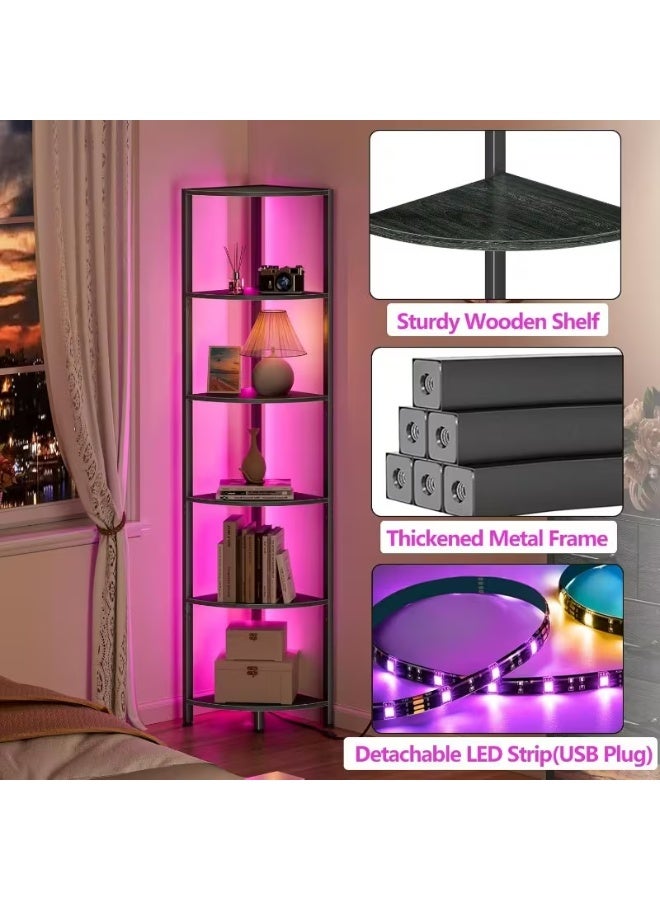 erorex 6-Tier Corner Shelf with RGB/White/Blue/Pink/Green/Yellow LED – 166cm Tall Standing Bookshelf with Metal Frame & Wood Shelves - Image 5