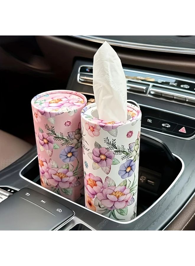 Pink White Floral Car Tissue 2 Rolls Compact Cylindrical Design Fits Cup Holder - Image 3