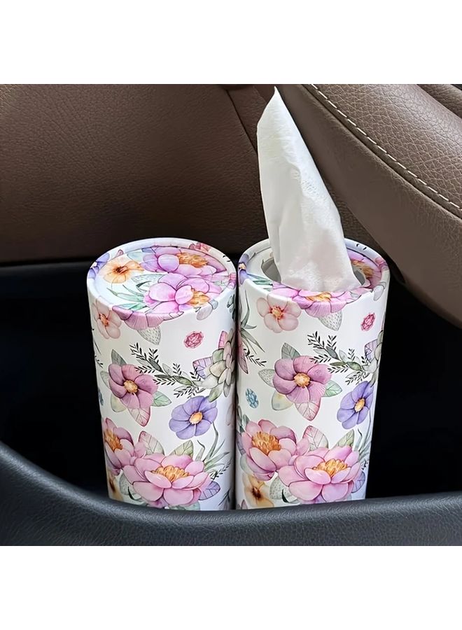 Pink White Floral Car Tissue 2 Rolls Compact Cylindrical Design Fits Cup Holder - Image 4