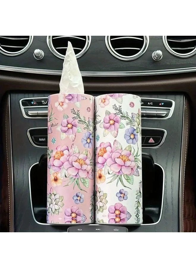 Pink White Floral Car Tissue 2 Rolls Compact Cylindrical Design Fits Cup Holder - Image 1