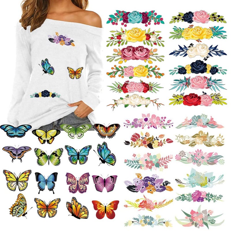 Butterfly Flower Heat Transfers Patches Iron on Stickers for Clothing Decorations Babies Girls Women TShirt Hoodies Dress Clothes Pillow Backpack Decor 40Pcs