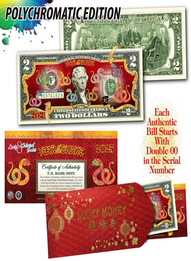 Merrick Mint 2025 Chinese Lunar New Year of The Snake Polychromatic 8 Colorized Snakes Uncirculated Two Dollar Bill Special Edition in Red Lucky Envelope - Image 2