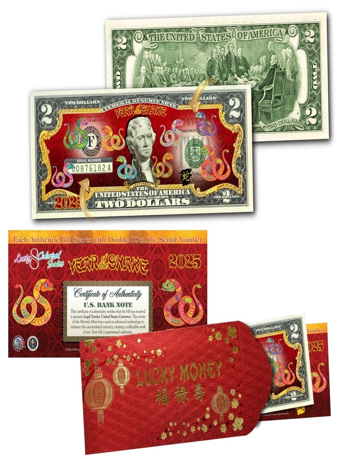 Merrick Mint 2025 Chinese Lunar New Year of The Snake Polychromatic 8 Colorized Snakes Uncirculated Two Dollar Bill Special Edition in Red Lucky Envelope - Image 3