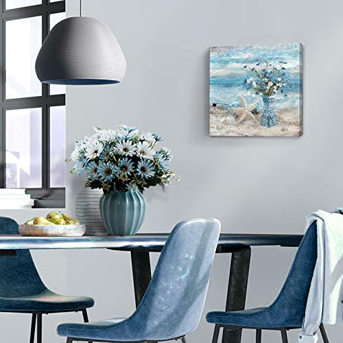 Nicetop Bathroom Decor Wall Art Blue Beach Picture Ocean Theme Flower Canvas Print Modern Coastal Seascape Painting Framed Seaside Artwork Floral Daisy in Indian Vase for Home Sea Lake Bedroom 14x14inch - Image 5