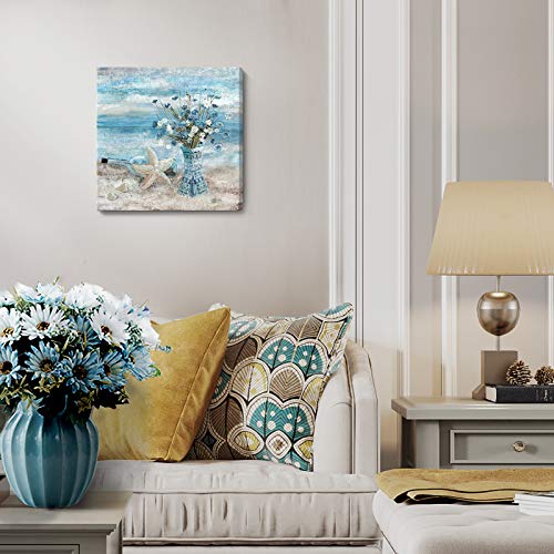 Nicetop Bathroom Decor Wall Art Blue Beach Picture Ocean Theme Flower Canvas Print Modern Coastal Seascape Painting Framed Seaside Artwork Floral Daisy in Indian Vase for Home Sea Lake Bedroom 14x14inch - Image 4