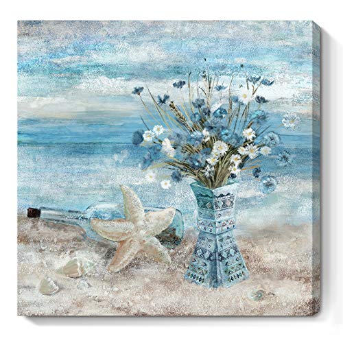 Nicetop Bathroom Decor Wall Art Blue Beach Picture Ocean Theme Flower Canvas Print Modern Coastal Seascape Painting Framed Seaside Artwork Floral Daisy in Indian Vase for Home Sea Lake Bedroom 14x14inch - Image 1