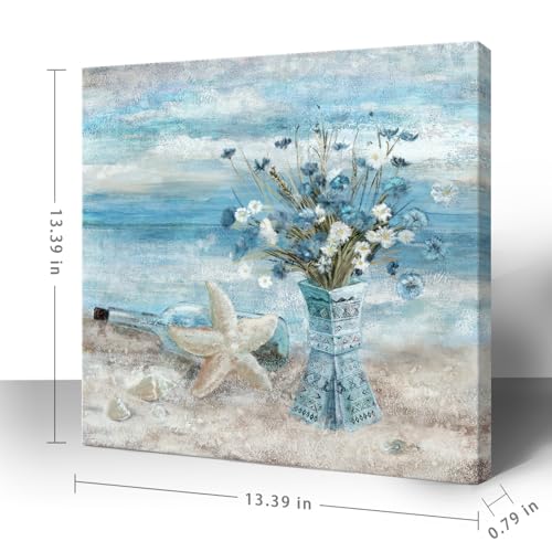 Nicetop Bathroom Decor Wall Art Blue Beach Picture Ocean Theme Flower Canvas Print Modern Coastal Seascape Painting Framed Seaside Artwork Floral Daisy in Indian Vase for Home Sea Lake Bedroom 14x14inch - Image 2