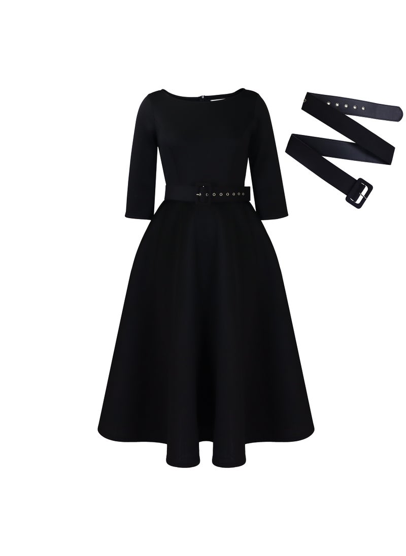 Generic - Fashionable Black Womens Dress Simple Elegant A- line For All Seasons Hot Selling Clothing Export Quality For Women black + belt - Image 1