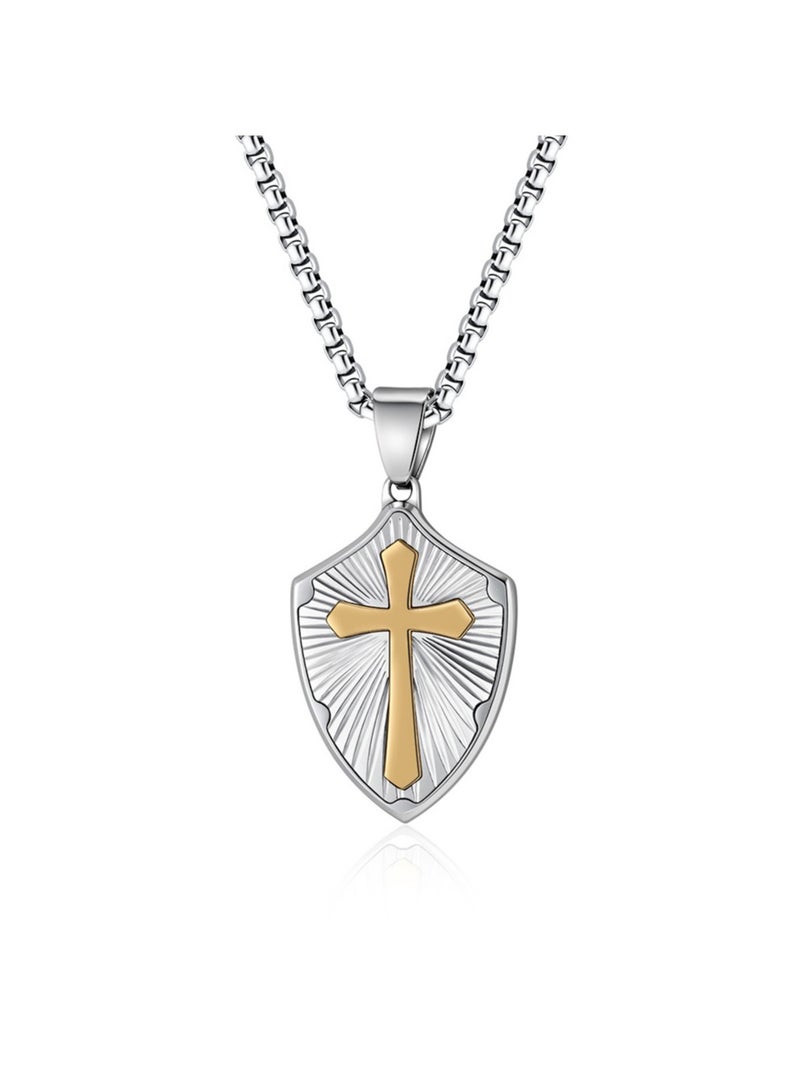 xozgdovg Stainless steel shield necklace folding fan pendant electric cross pendant hip-hop titanium jewelry/gold