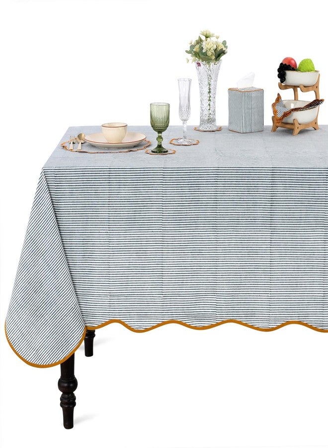 Ridhi Blue Stripe 60x60 Inches Square 100% Cotton Hand Block Print Washable Decorative Spring Summer Parties/Wedding Use,Fall décor Farmhouse Dining Dinner Tablecloth - Image 1