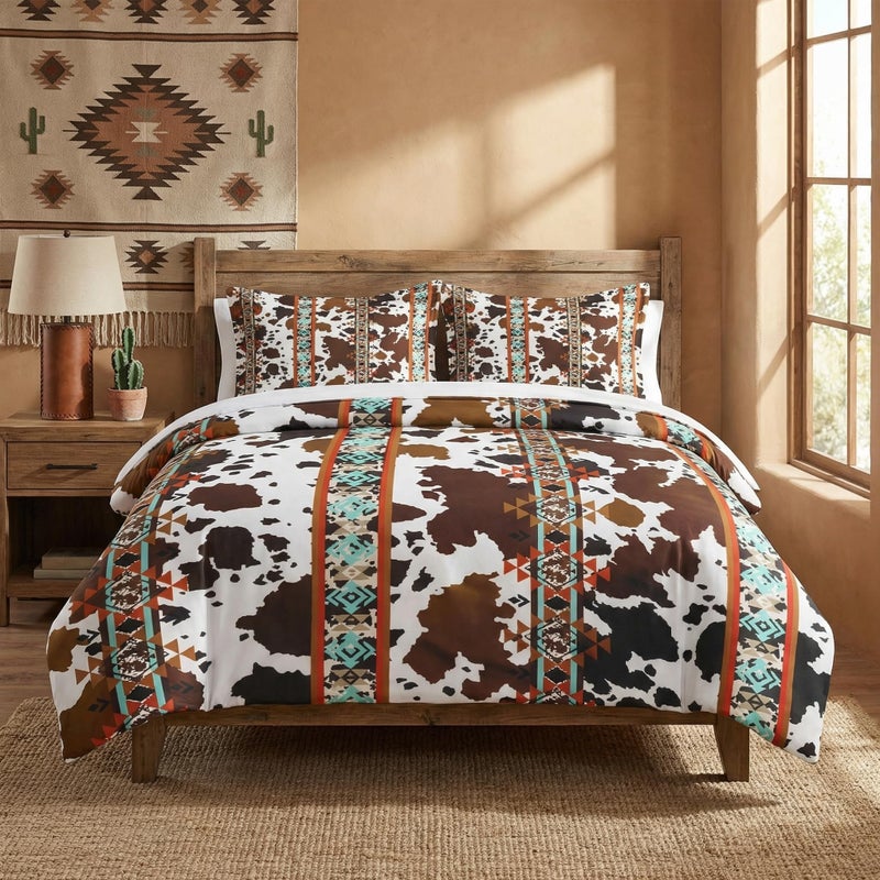WeCozy Queen Size Comforter Set with 2 Pillowcases, Animal Vintage Retro Soft 3 Pcs Bedding for Kids and Adults, Cow Brown Cowhide Comforter Set for Bedroom Bed Decor - Image 1