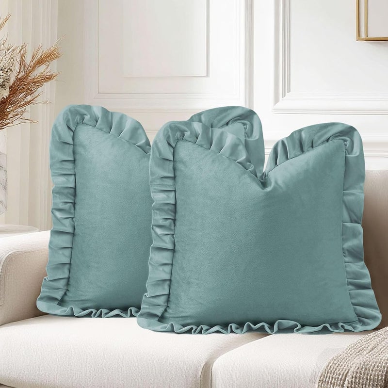 JIUZHEN Velvet Throw Pillow Covers with Ruffles, Soild Decorative Throw Pillow Covers for Couch Sofa Livingroom Bed，Stone Blue，18x18 Inch, Set of 2 - Image 1