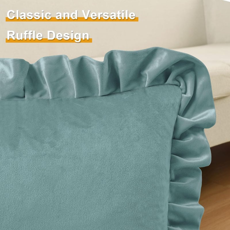 JIUZHEN Velvet Throw Pillow Covers with Ruffles, Soild Decorative Throw Pillow Covers for Couch Sofa Livingroom Bed，Stone Blue，18x18 Inch, Set of 2 - Image 3