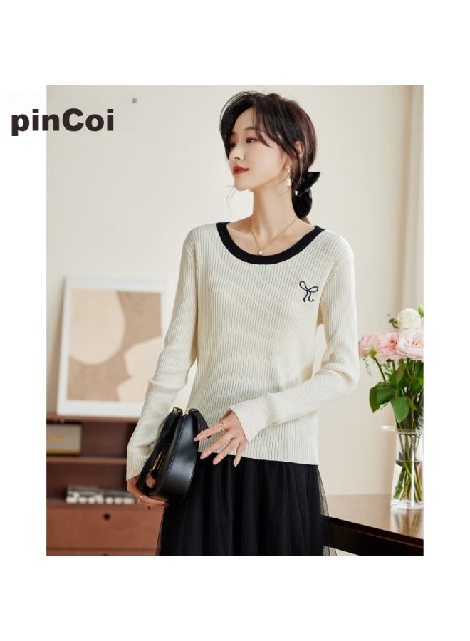 Pincai Knitted Sweater For Women, Early Autumn Round Neck, Bow Embroidery, Slim-fit Top, Slimming Base Layer Sweater P143z3009 - Image 4