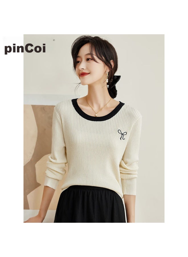 Pincai Knitted Sweater For Women, Early Autumn Round Neck, Bow Embroidery, Slim-fit Top, Slimming Base Layer Sweater P143z3009 - Image 3