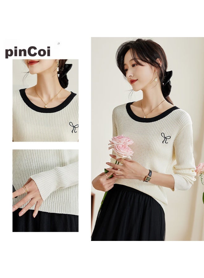 Pincai Knitted Sweater For Women, Early Autumn Round Neck, Bow Embroidery, Slim-fit Top, Slimming Base Layer Sweater P143z3009 - Image 2