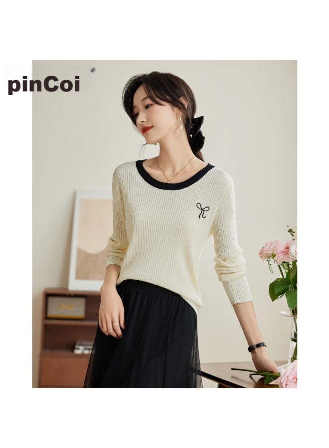 Pincai Knitted Sweater For Women, Early Autumn Round Neck, Bow Embroidery, Slim-fit Top, Slimming Base Layer Sweater P143z3009 - Image 5