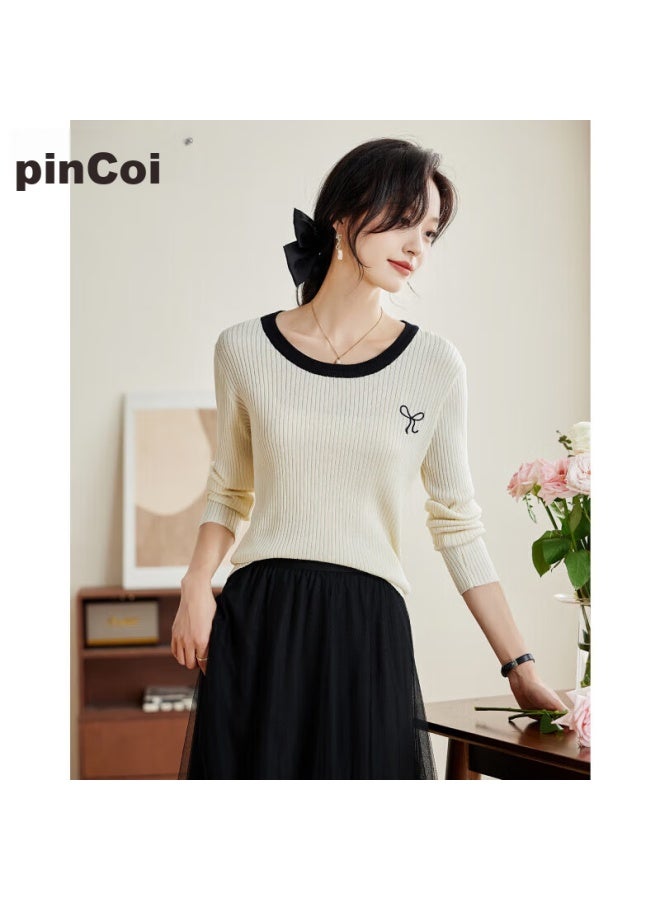 Pincai Knitted Sweater For Women, Early Autumn Round Neck, Bow Embroidery, Slim-fit Top, Slimming Base Layer Sweater P143z3009 - Image 1