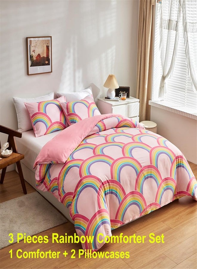 URLINENS Pink Girls Twin Comforter Set, Glow in The Dark 3 Pieces Rainbow Comforter with 2 Pillowcases, Soft Microfiber Girls Twin Bedding Set for Kids Teens Washable Lightweight All Season Use - Image 2
