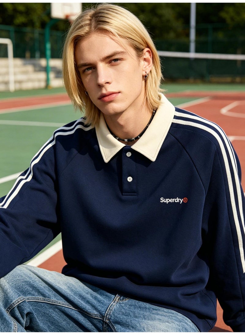 سوبر دراي Superdry Contrasting lapel sweatshirt unisex long sleeve polo shirt, striped sleeve polo collar sweatshirt with logo printing. - Image 5