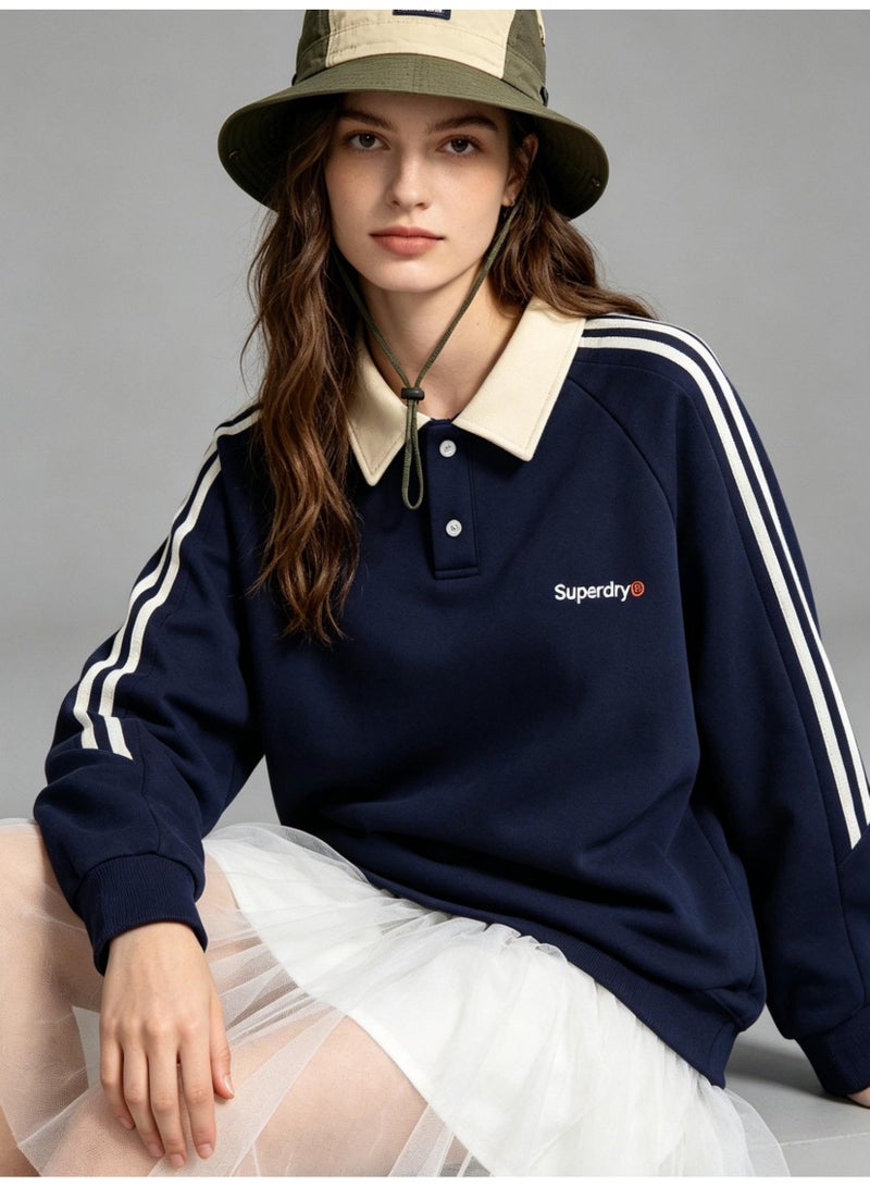 سوبر دراي Superdry Contrasting lapel sweatshirt unisex long sleeve polo shirt, striped sleeve polo collar sweatshirt with logo printing. - Image 2