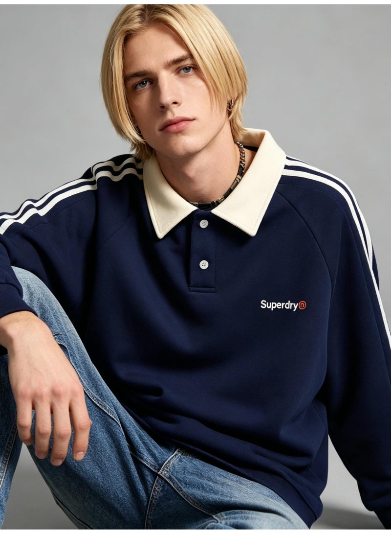 سوبر دراي Superdry Contrasting lapel sweatshirt unisex long sleeve polo shirt, striped sleeve polo collar sweatshirt with logo printing. - Image 1