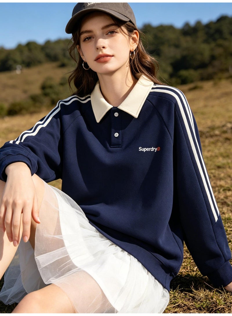 سوبر دراي Superdry Contrasting lapel sweatshirt unisex long sleeve polo shirt, striped sleeve polo collar sweatshirt with logo printing. - Image 4