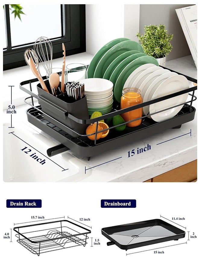 متجر الفرح رف تجفيف الأطباق، رف أطباق موفر للمساحة، رفوف أطباق لطاولة المطبخ، رف تجفيف مطبخ من الفولاذ المقاوم للصدأ مع حامل أدوات مائدة، 12.7 بوصة عرض × 16.7 بوصة طول، أسود - Image 2