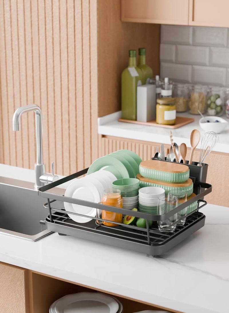 متجر الفرح رف تجفيف الأطباق، رف أطباق موفر للمساحة، رفوف أطباق لطاولة المطبخ، رف تجفيف مطبخ من الفولاذ المقاوم للصدأ مع حامل أدوات مائدة، 12.7 بوصة عرض × 16.7 بوصة طول، أسود - Image 3