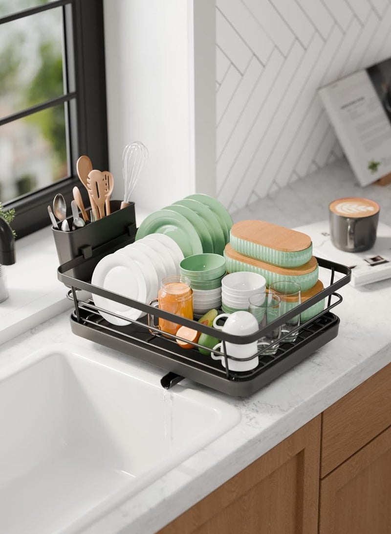 متجر الفرح رف تجفيف الأطباق، رف أطباق موفر للمساحة، رفوف أطباق لطاولة المطبخ، رف تجفيف مطبخ من الفولاذ المقاوم للصدأ مع حامل أدوات مائدة، 12.7 بوصة عرض × 16.7 بوصة طول، أسود - Image 4