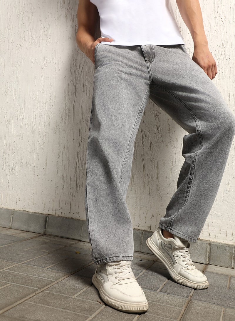 Hubberholme Men's Grey 100% Cotton Bleached Full Length Loose Jeans  - Image 4
