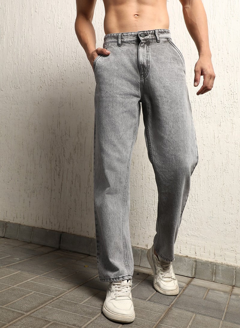 Hubberholme Men's Grey 100% Cotton Bleached Full Length Loose Jeans  - Image 5
