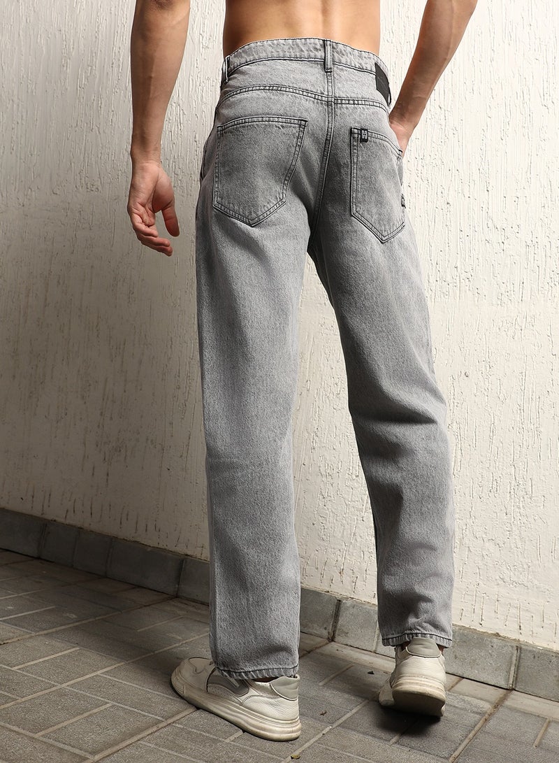 Hubberholme Men's Grey 100% Cotton Bleached Full Length Loose Jeans  - Image 2