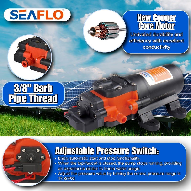 SEAFLO 21-Series Water Pressure Diaphragm Pump - 12V DC, 1.2 GPM, 35 PSI with Adjustable Pressure Switch, Self-Priming, Quiet Operation for RV, Boat, and Off-Grid Applications - Image 3